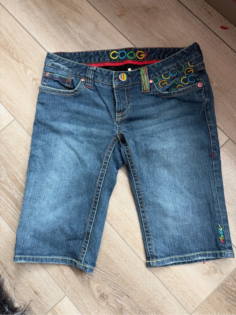 COOGI Blue Denim Bermuda Shorts with Multicolor Embroidery
